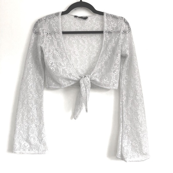 Sweaters - Bell Sleeve Lace Shrug Tie Up